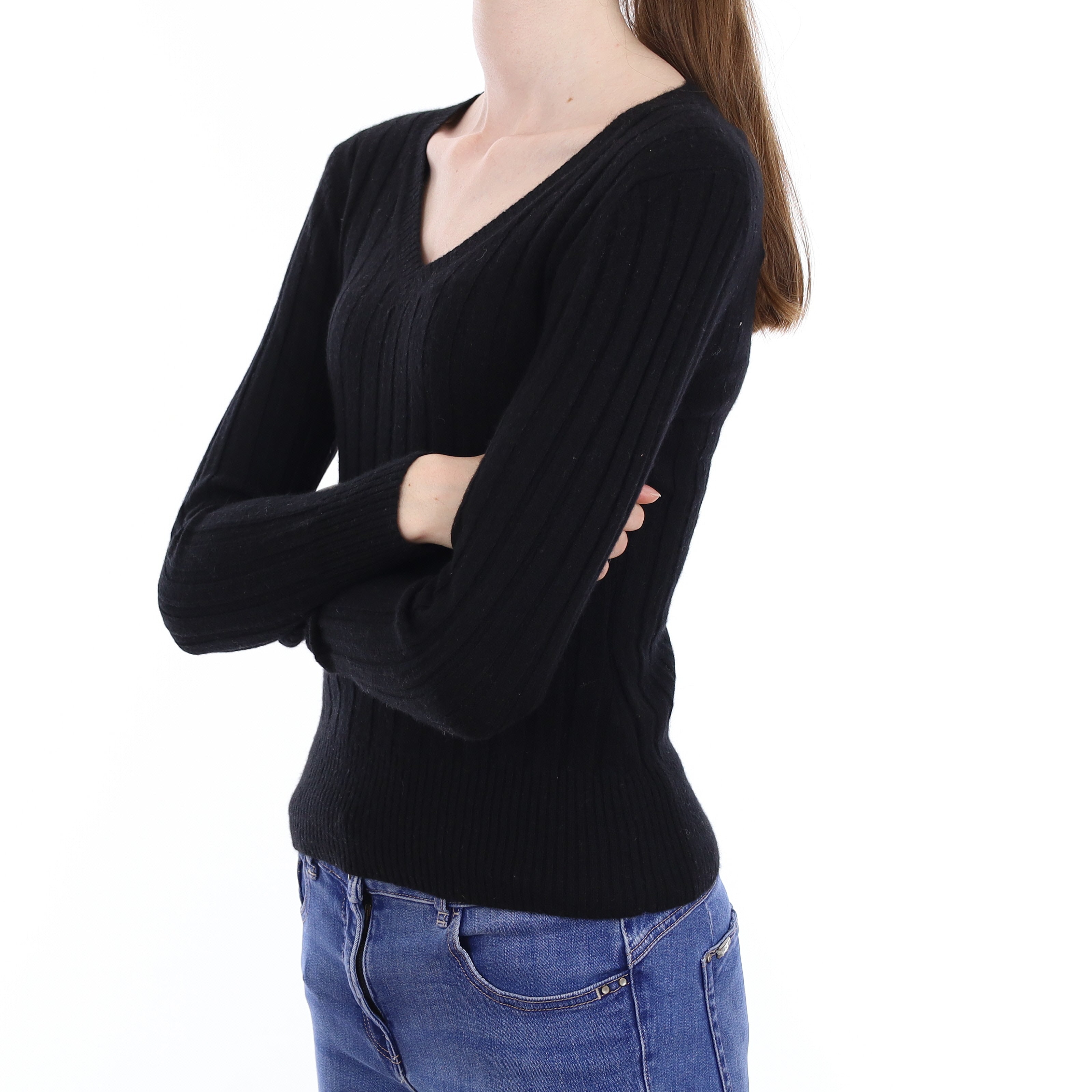 Black Rib Knit Cashmere V Neck Jumper Extra Small