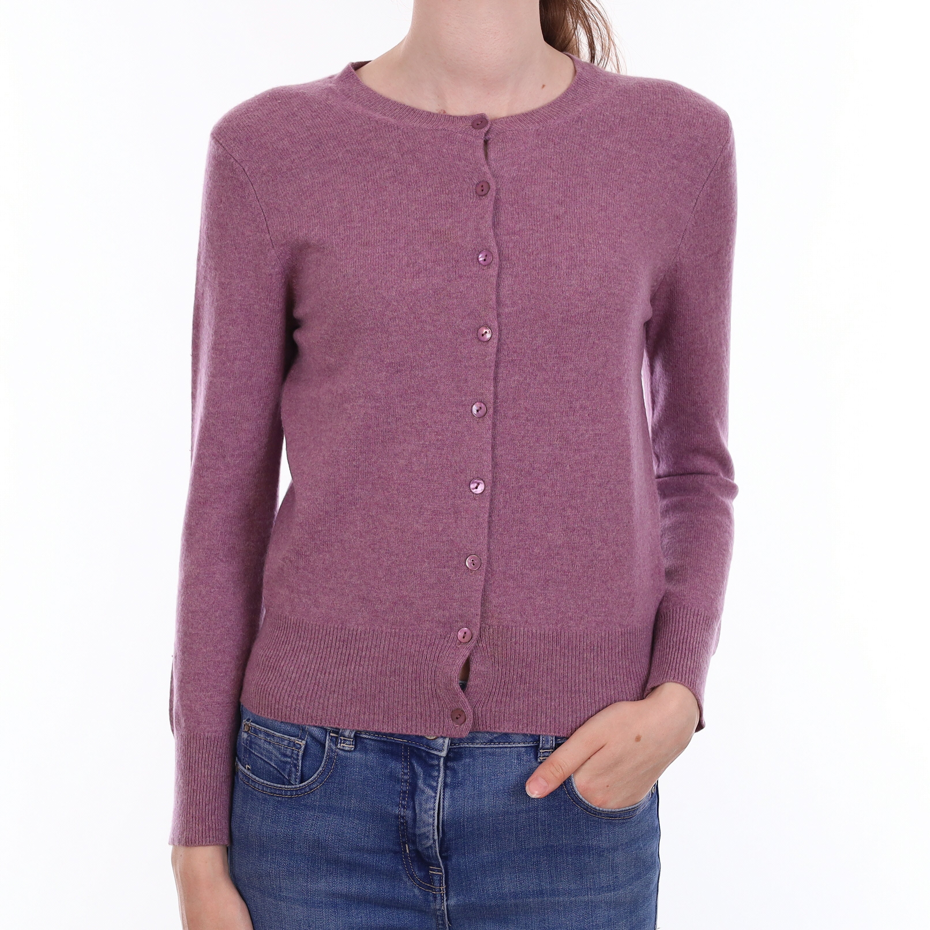 Heather Purple Cashmere Crew Neck Cardigan Extra Small
