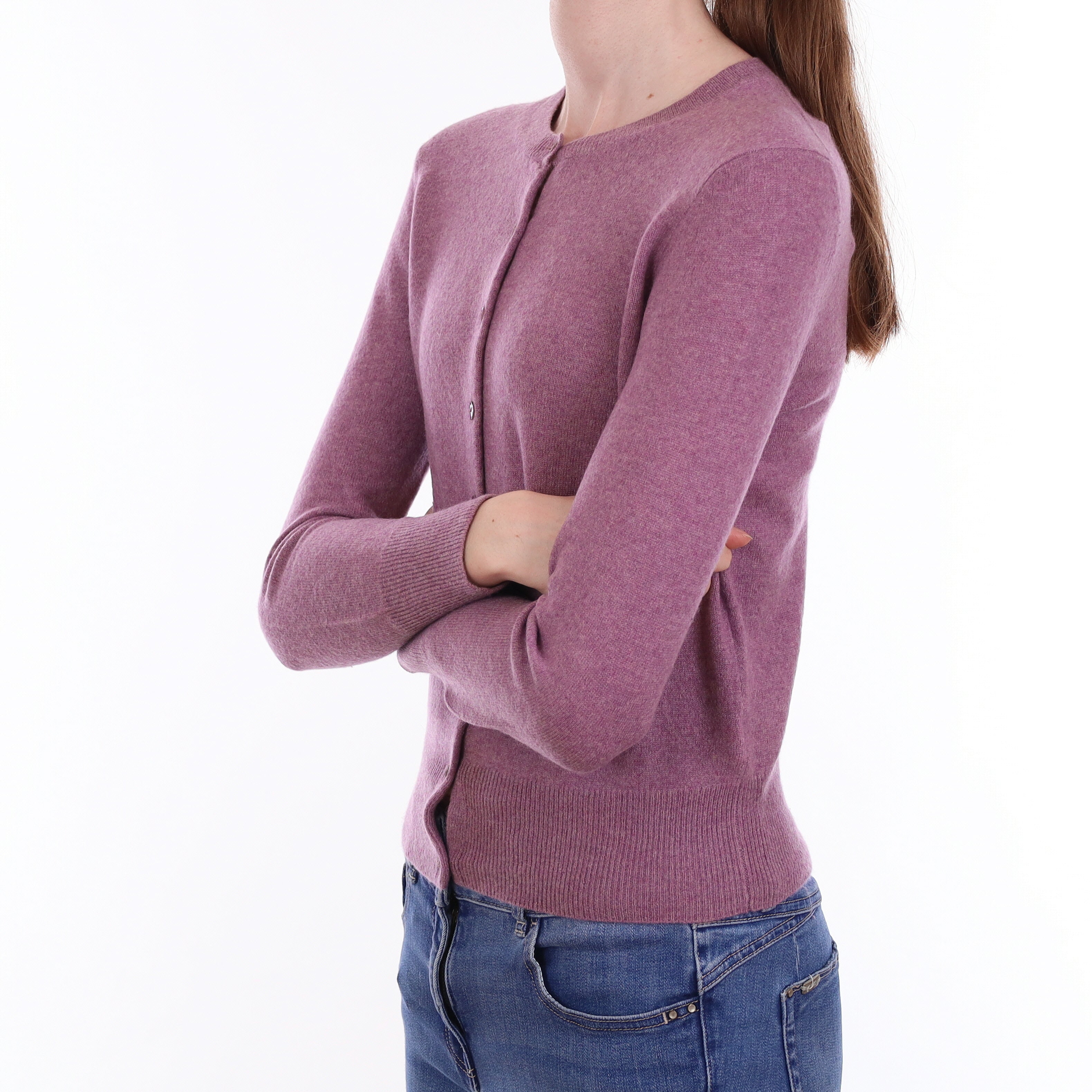Heather Purple Cashmere Crew Neck Cardigan Extra Small