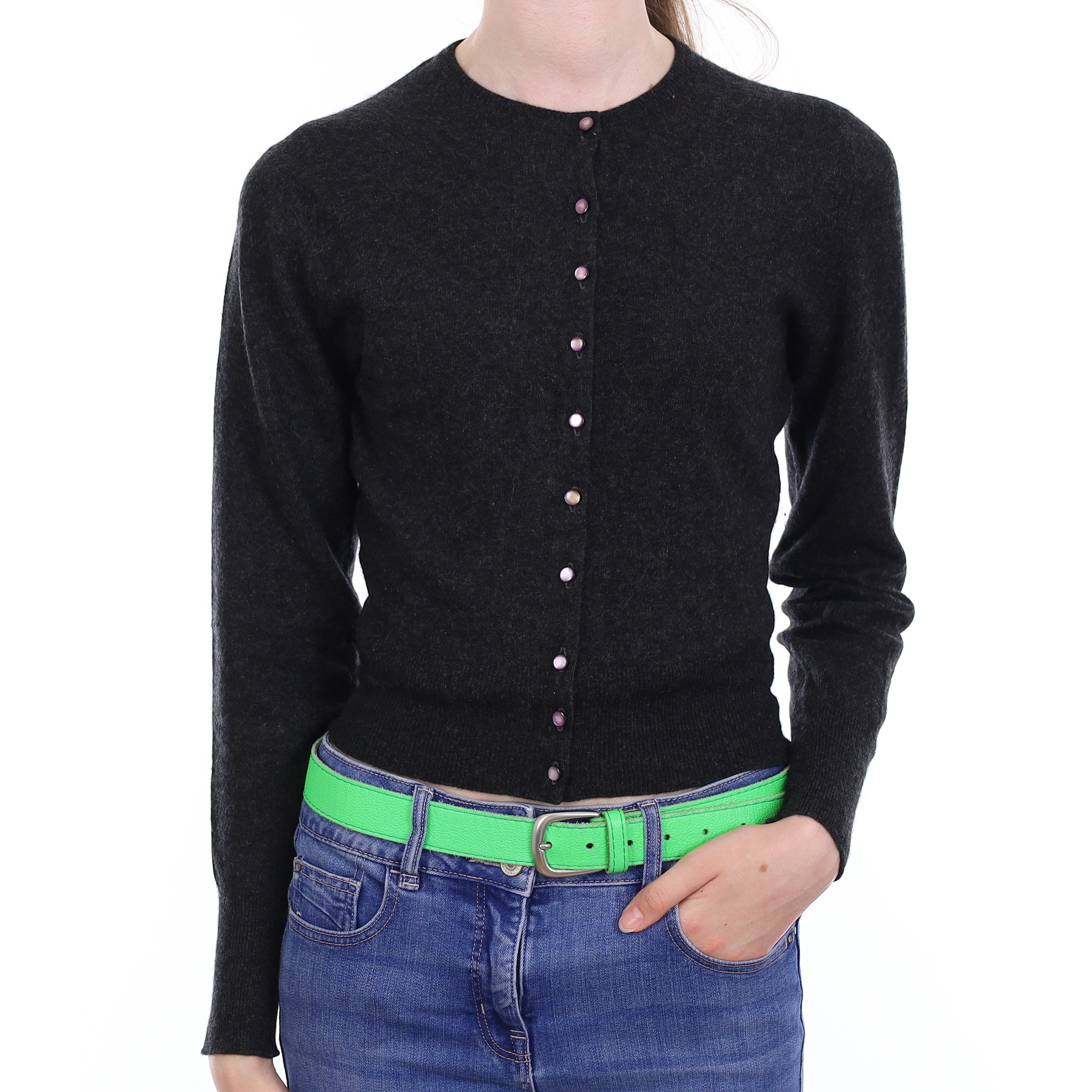 Scottish Charcoal Grey Cashmere Crew Neck Cardigan Extra Small