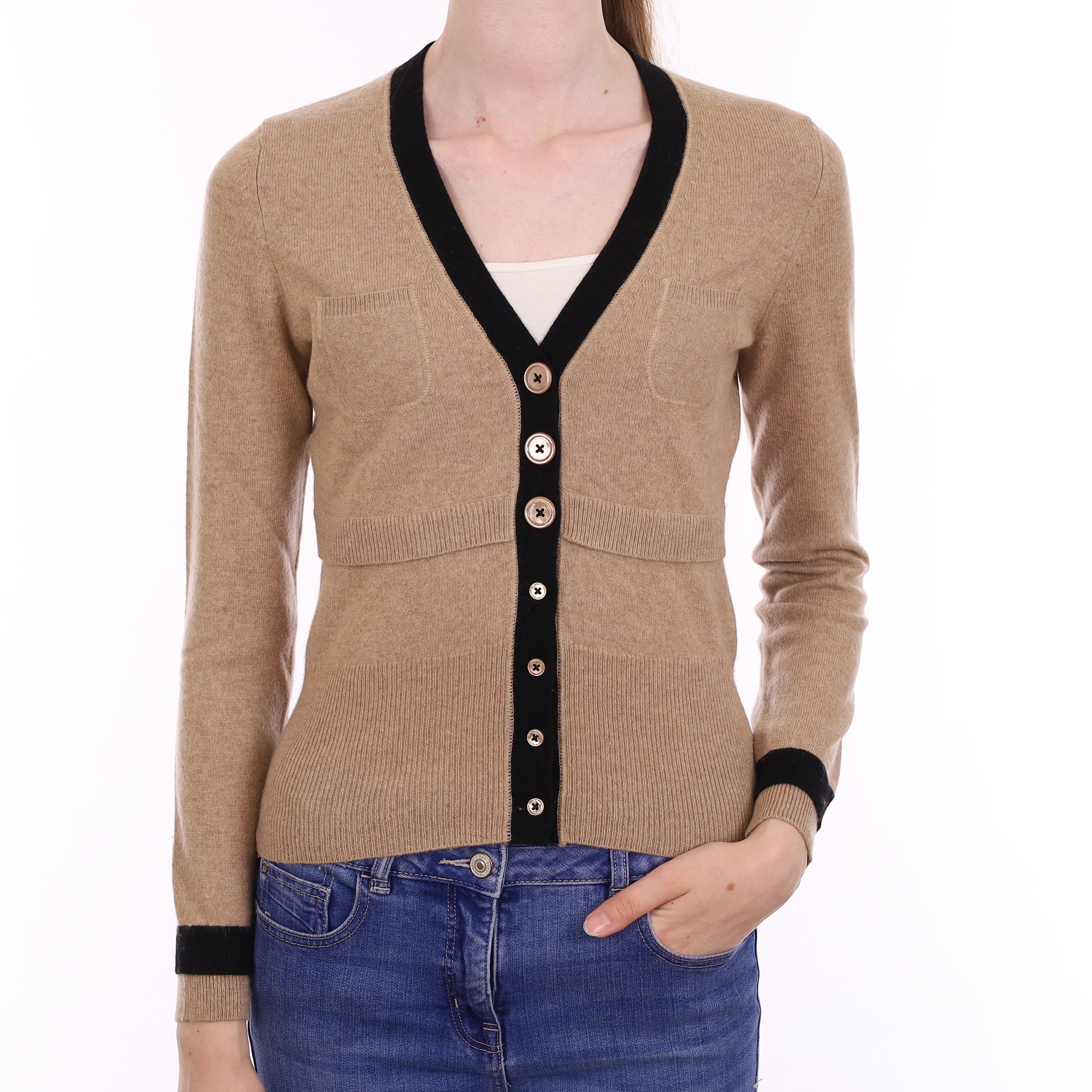 Beige & Black Cashmere V Neck Cardigan Extra Small