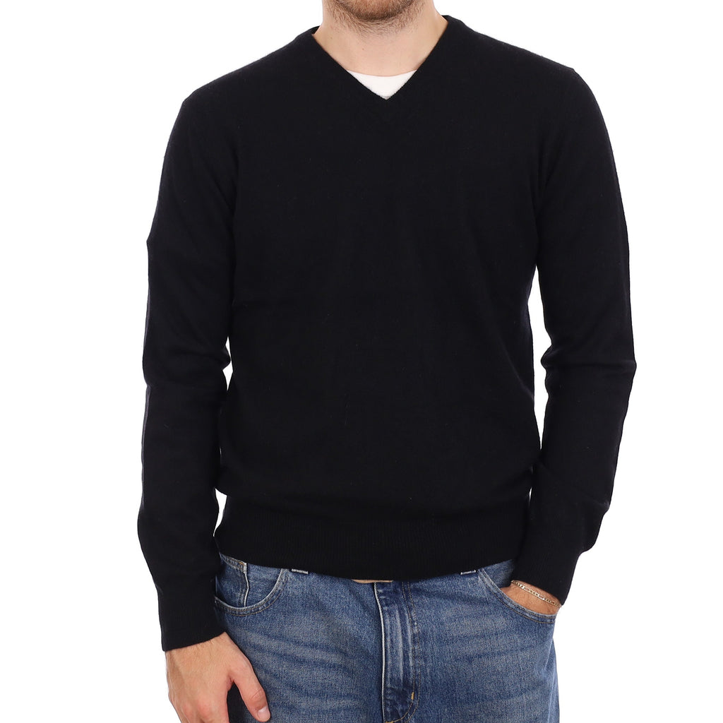 Men's Black Cashmere V Neck Jumper Medium