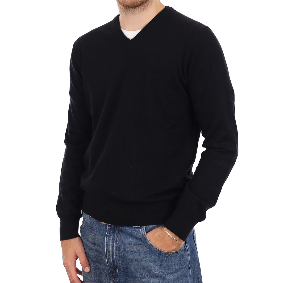 Men's Black Cashmere V Neck Jumper Medium
