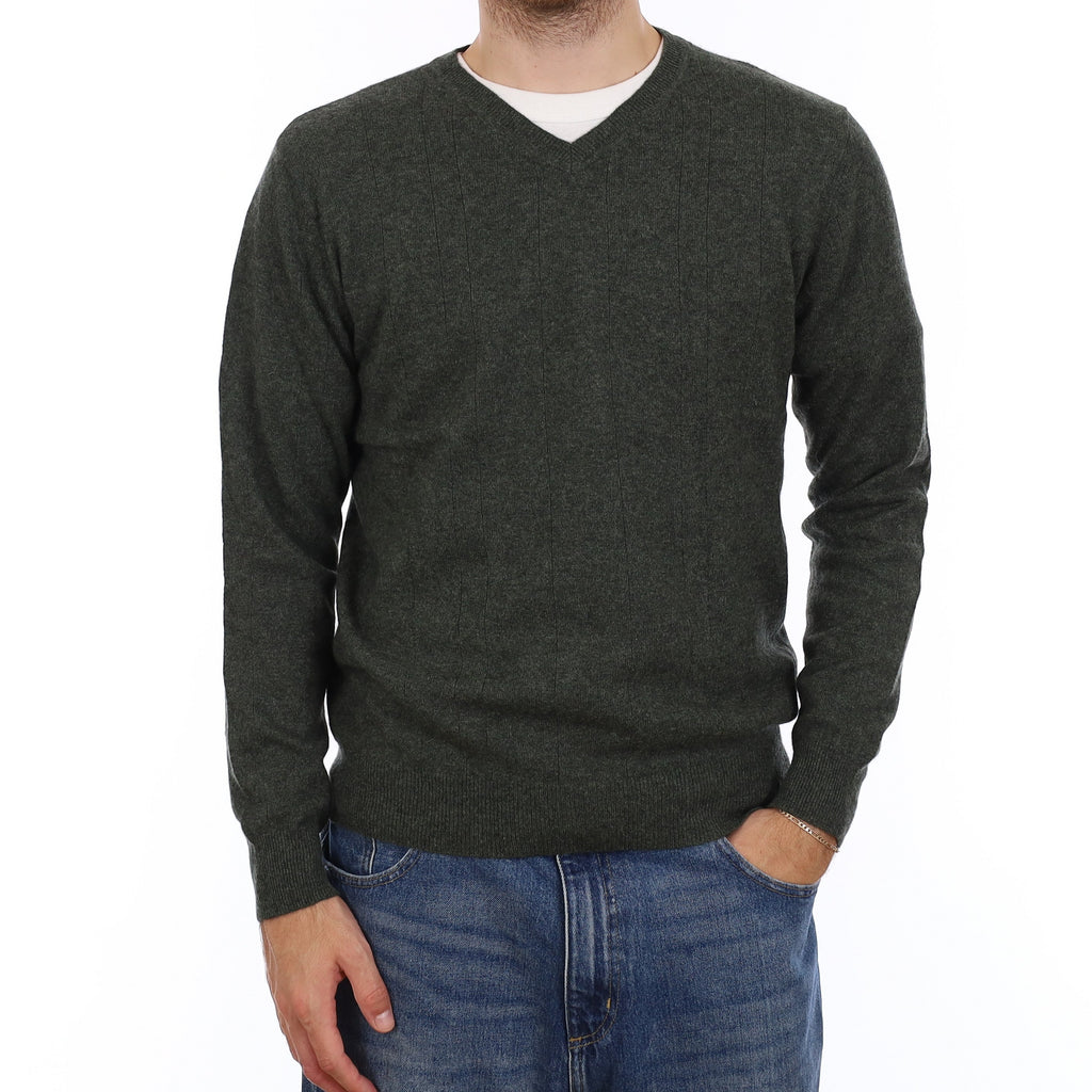 Men's Juniper Green Rib Cashmere V Neck Jumper Medium