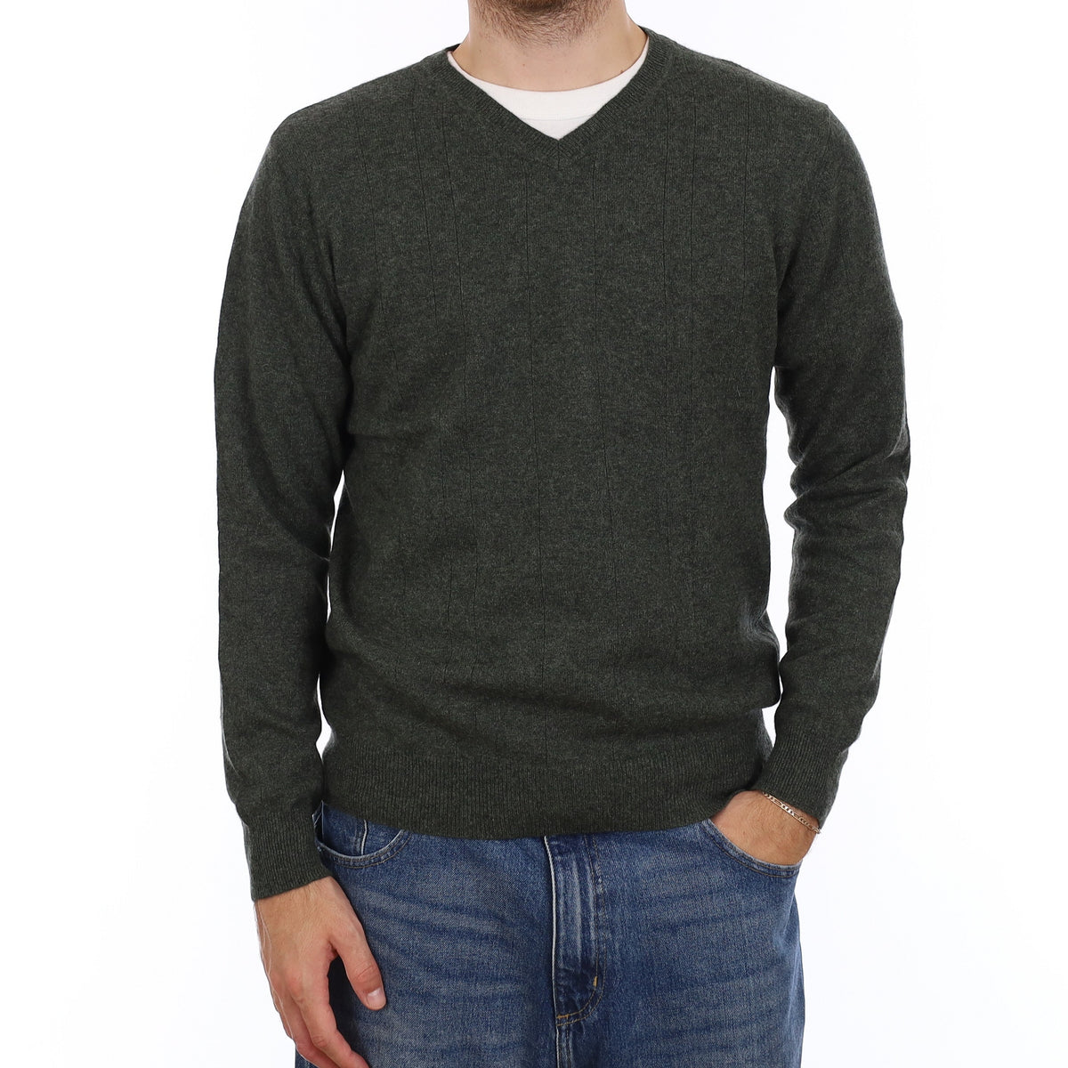 Men's Juniper Green Rib Cashmere V Neck Jumper Medium