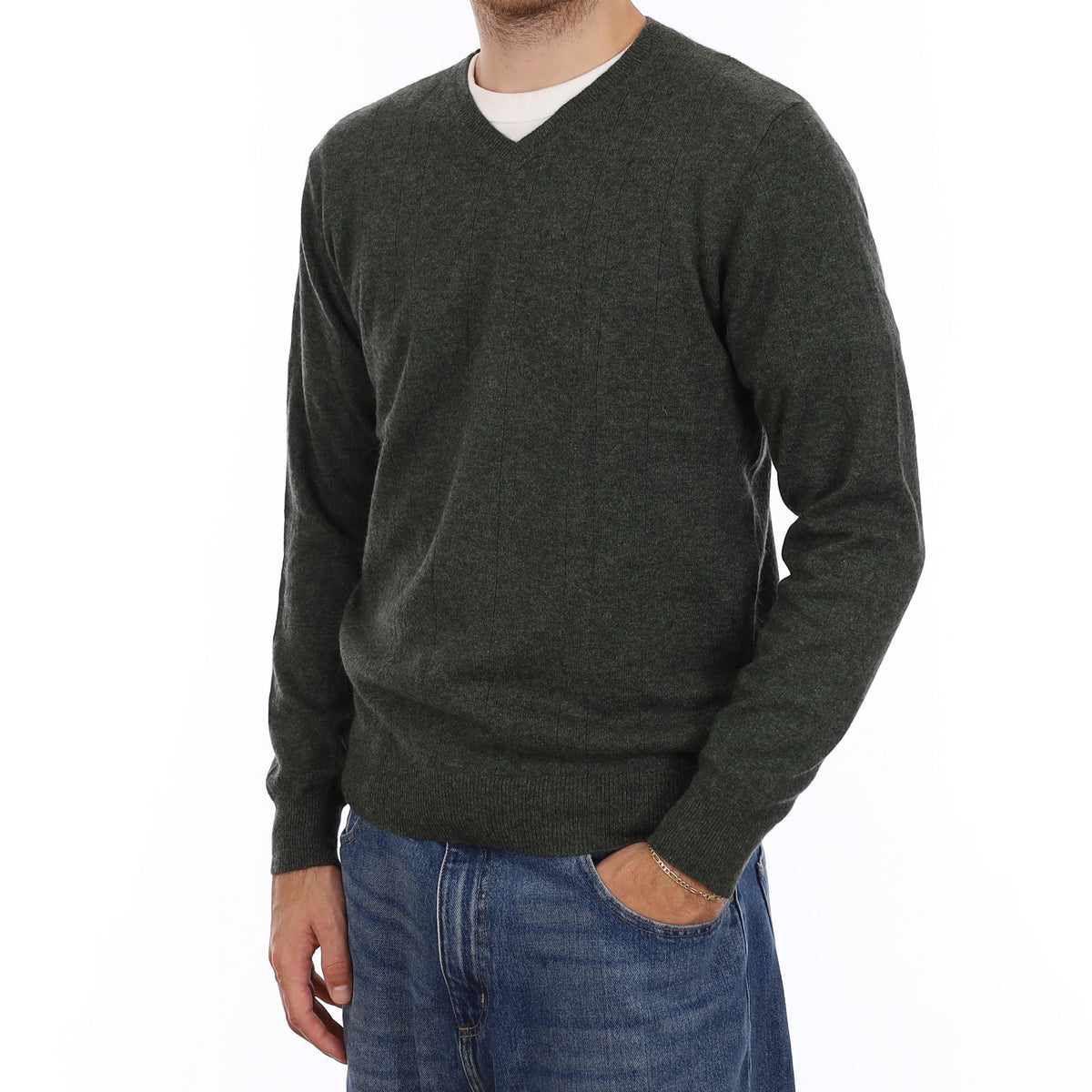 Men's Juniper Green Rib Cashmere V Neck Jumper Medium