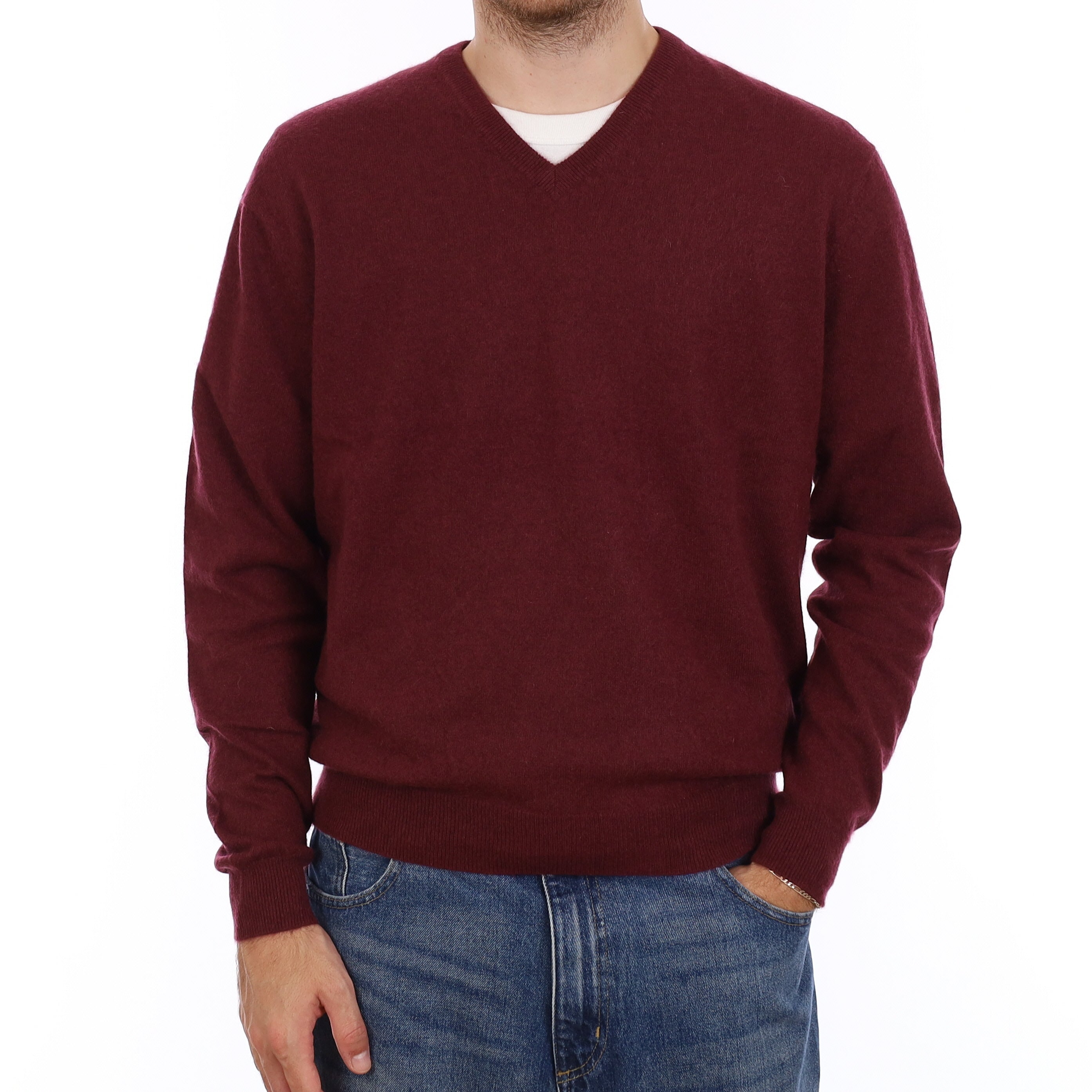 Men's Wine Red Cashmere V Neck Jumper Large