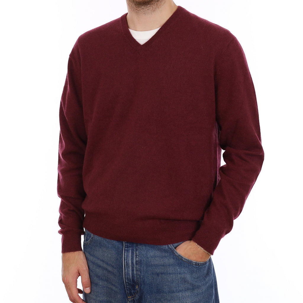 Men's Wine Red Cashmere V Neck Jumper Large