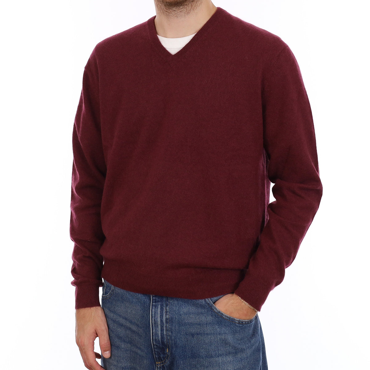 Men's Wine Red Cashmere V Neck Jumper Large