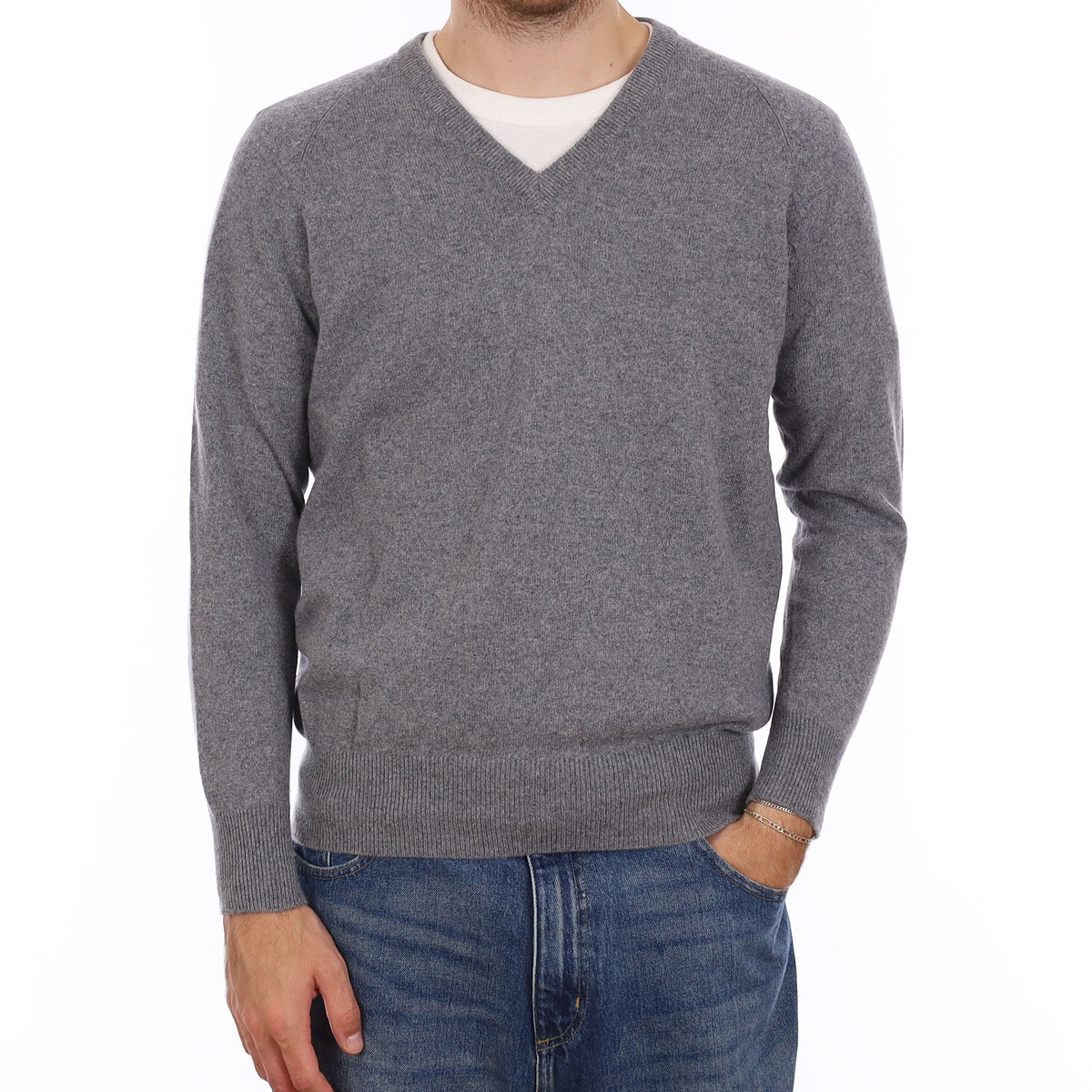 Men's Ash Grey Cashmere V Neck Jumper Medium