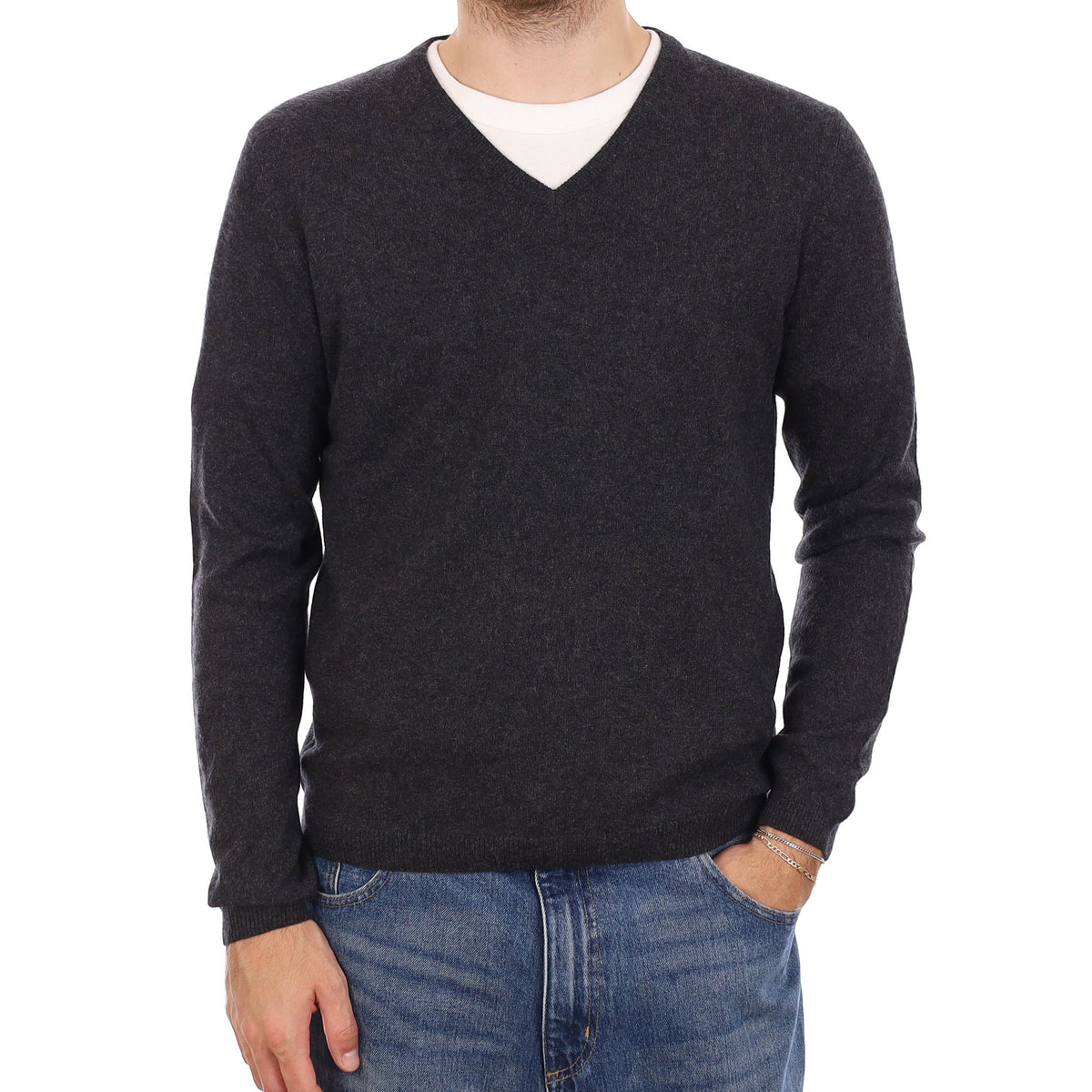 Men's Charcoal Grey Cashmere V Neck Jumper Medium