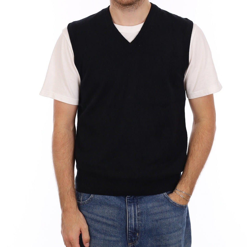 Men's Black Cashmere V Neck Tank Top Medium