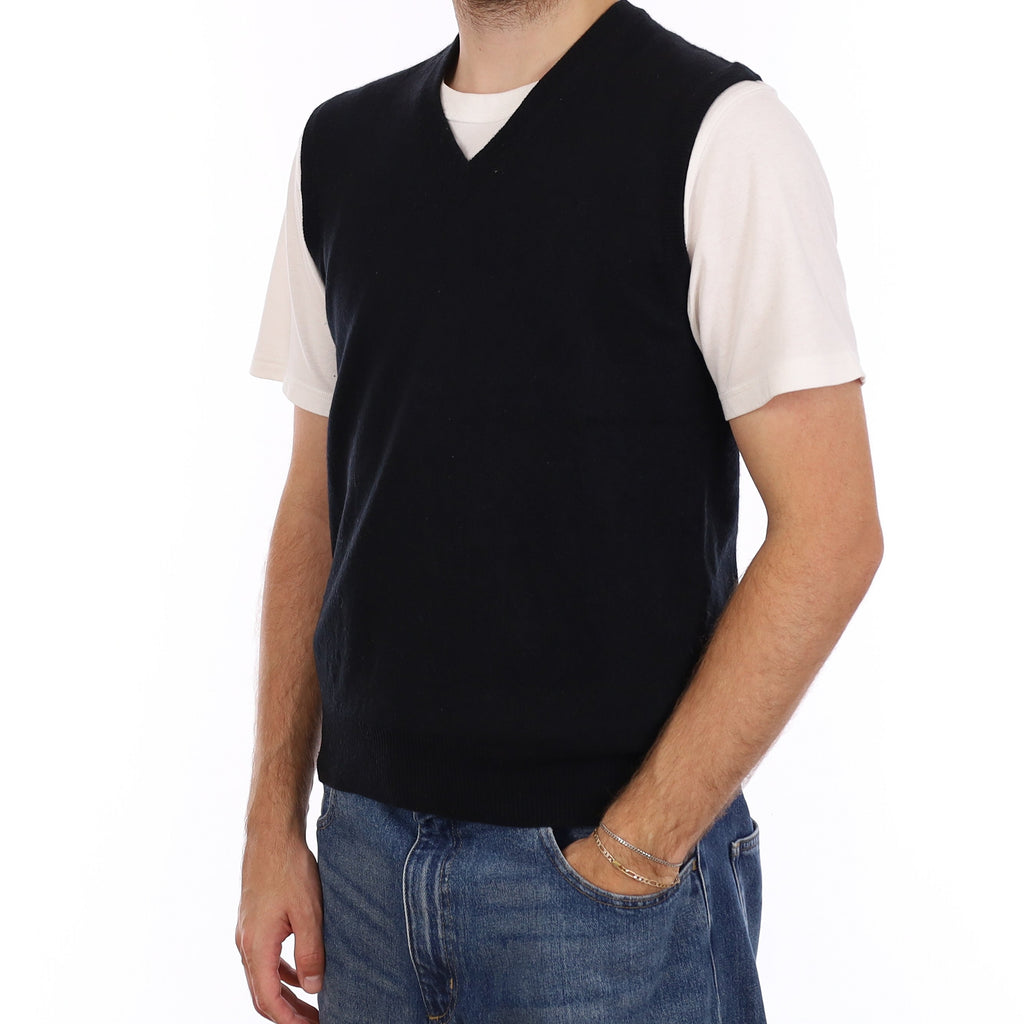 Men's Black Cashmere V Neck Tank Top Medium