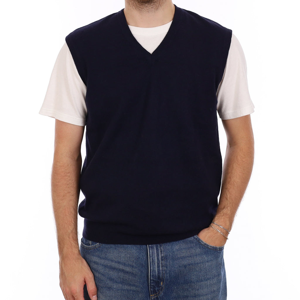 Men's Navy Cashmere V Neck Tank Top Medium