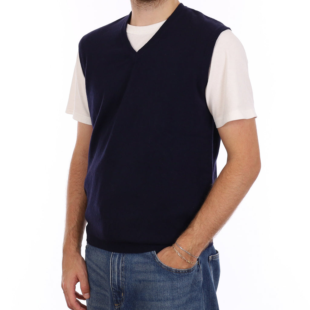 Men's Navy Cashmere V Neck Tank Top Medium