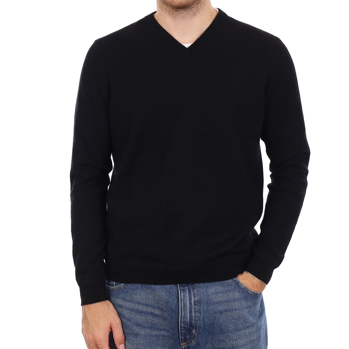 Men's Black Cashmere V Neck Jumper Medium