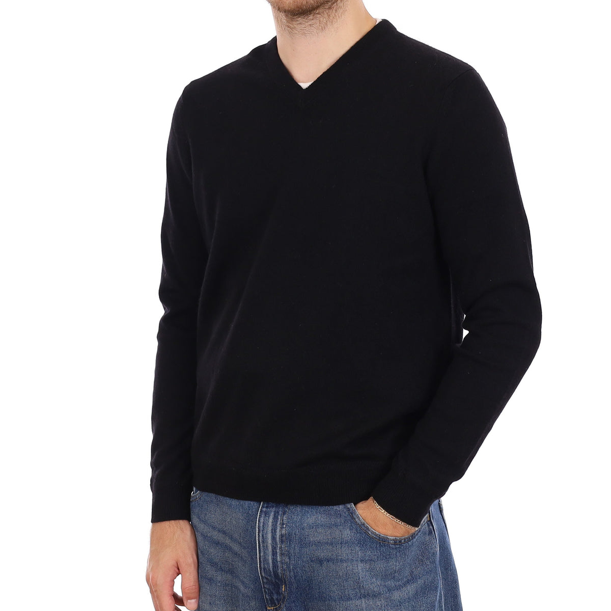 Men's Black Cashmere V Neck Jumper Medium