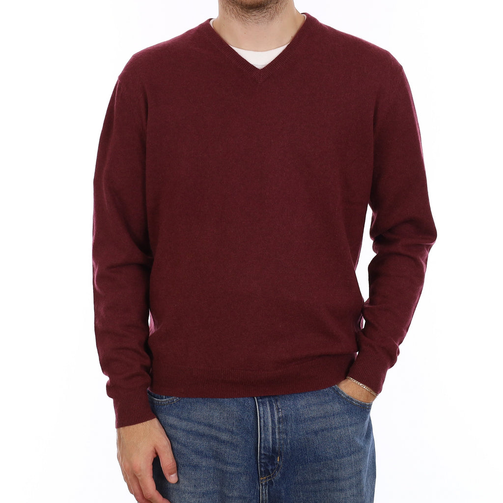 Men's Wine Red Cashmere V Neck Jumper Medium
