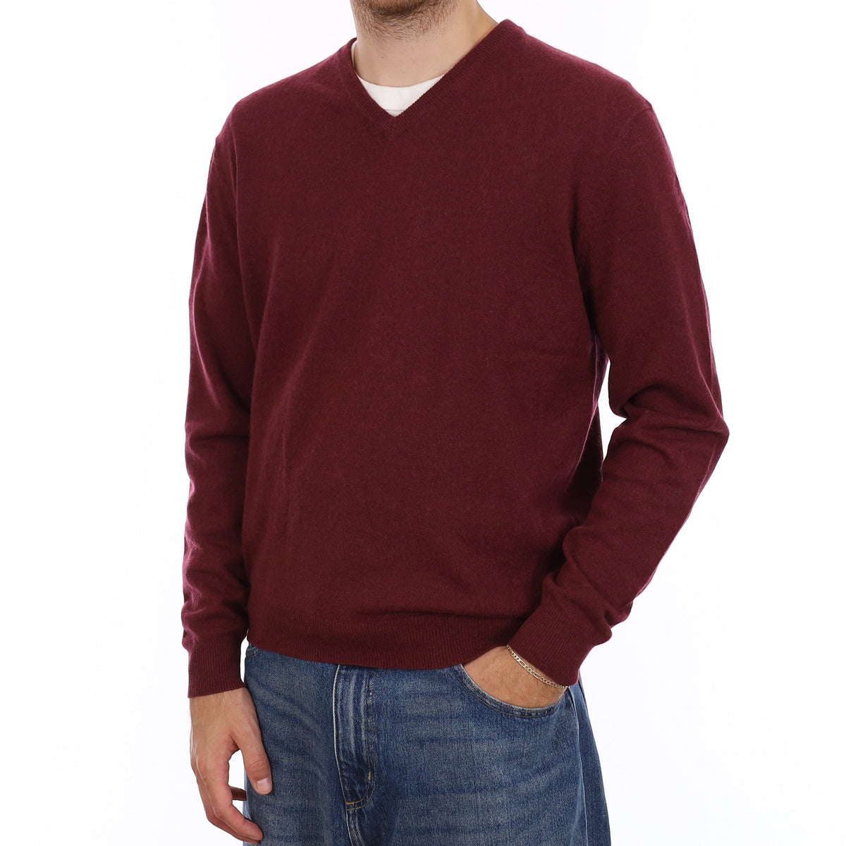 Men's Wine Red Cashmere V Neck Jumper Medium