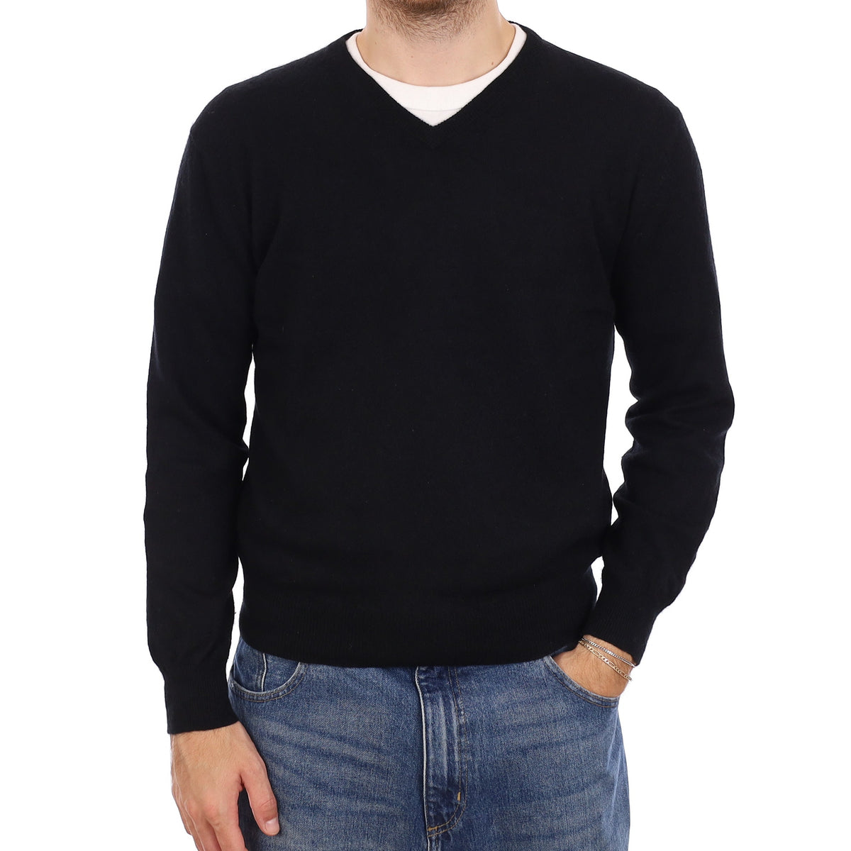 Men's Black Cashmere V Neck Jumper Medium