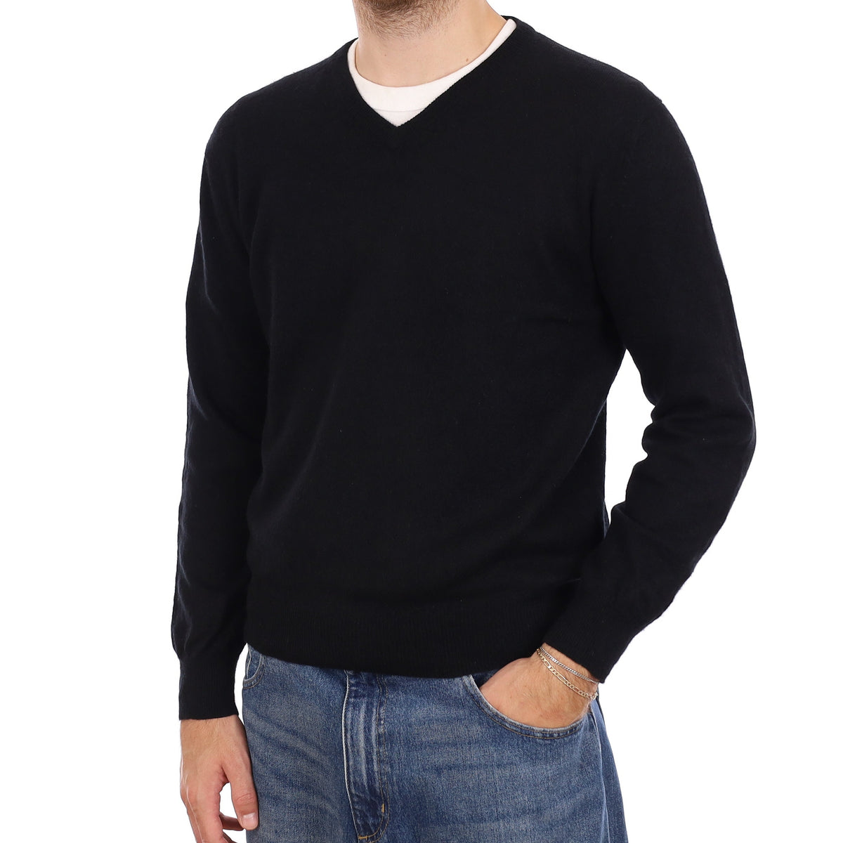 Men's Black Cashmere V Neck Jumper Medium
