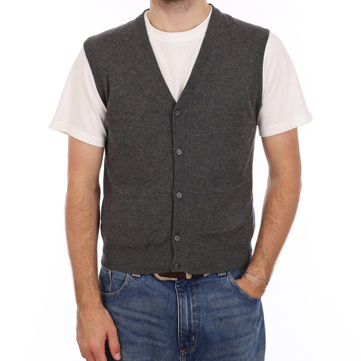 Men's Slate Grey Cashmere Buttoned V Neck Tank Top Medium