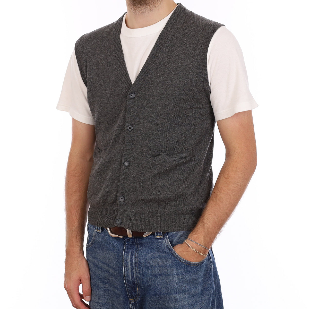 Men's Slate Grey Cashmere Buttoned V Neck Tank Top Medium