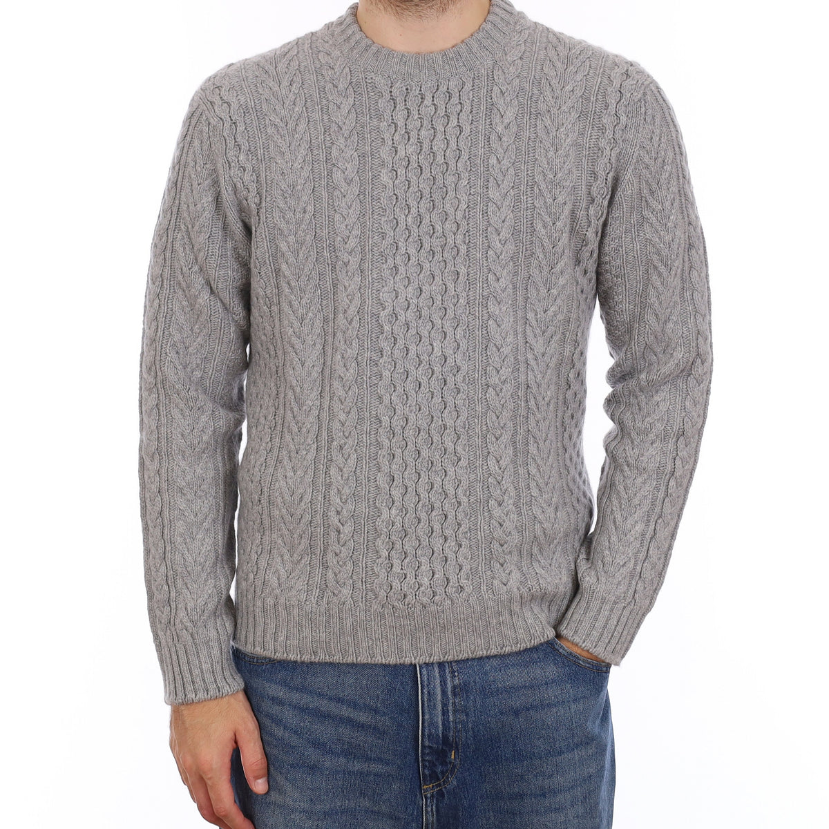 Men's Brand New Scottish Smoke Grey Chunky Cable Cashmere Crew Neck Jumper Medium