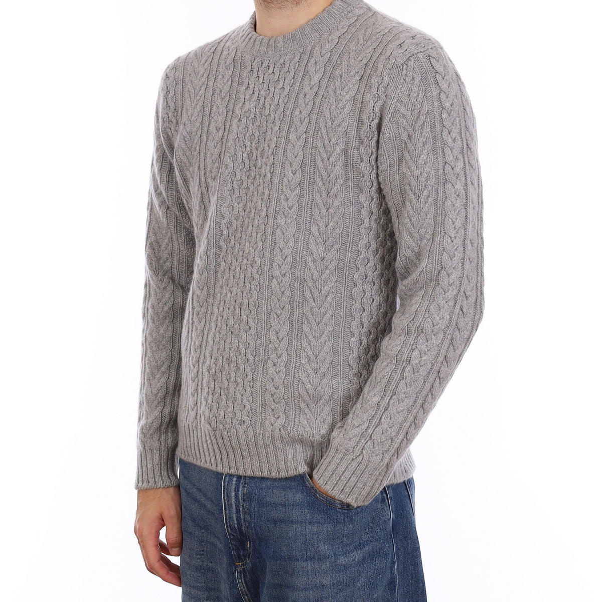Men's Brand New Scottish Smoke Grey Chunky Cable Cashmere Crew Neck Jumper Medium
