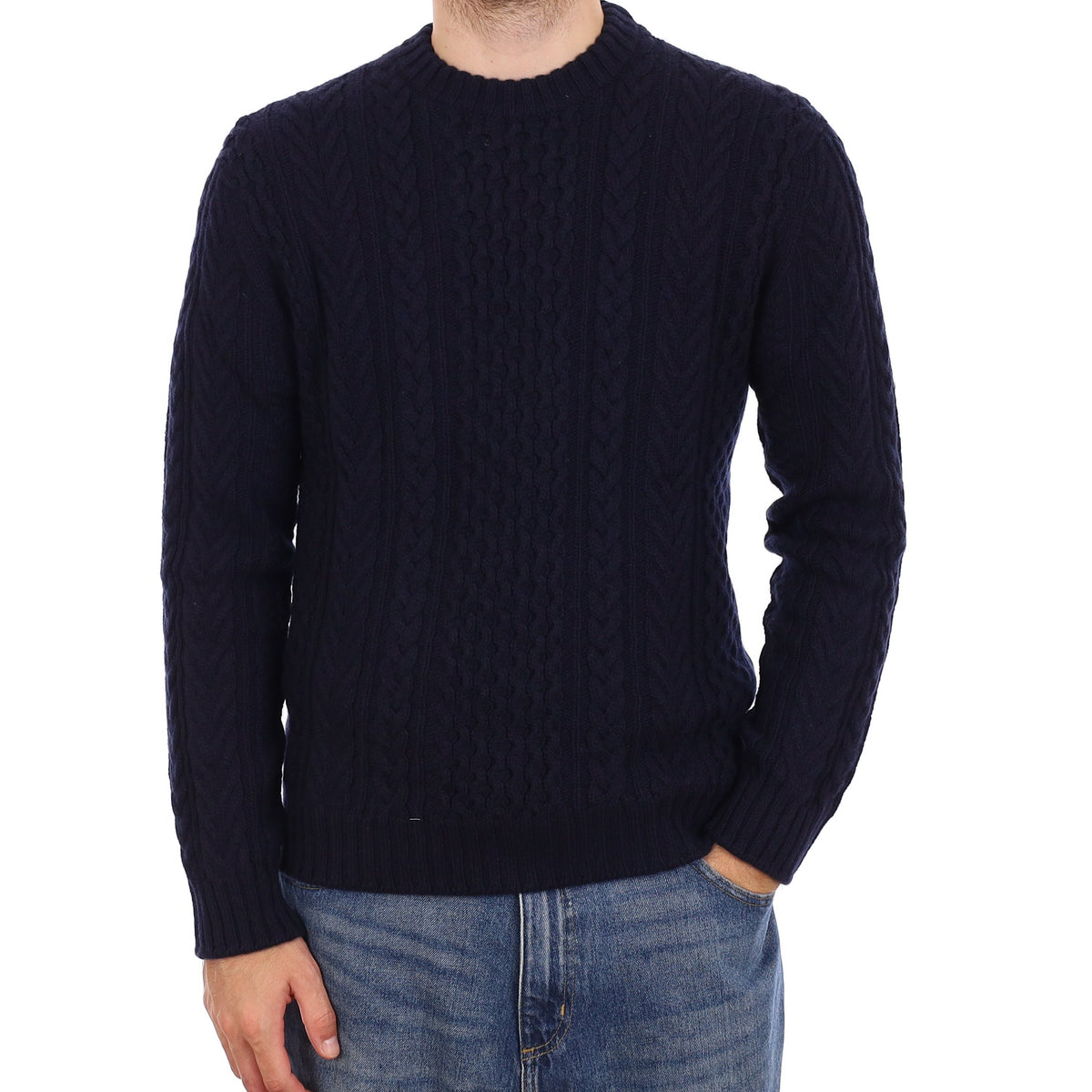 Men's Brand New Scottish Navy Chunky Cable Cashmere Crew Neck Jumper Medium