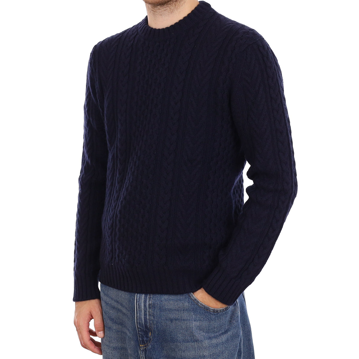 Men's Brand New Scottish Navy Chunky Cable Cashmere Crew Neck Jumper Large