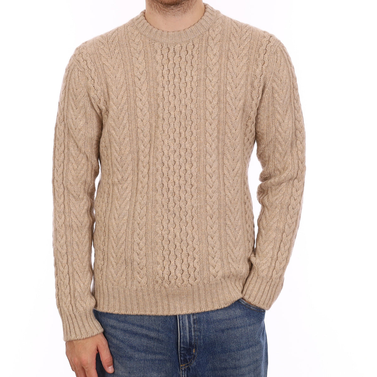 Men's Brand New Scottish Biscuit Chunky Cable Cashmere Crew Neck Jumper Medium