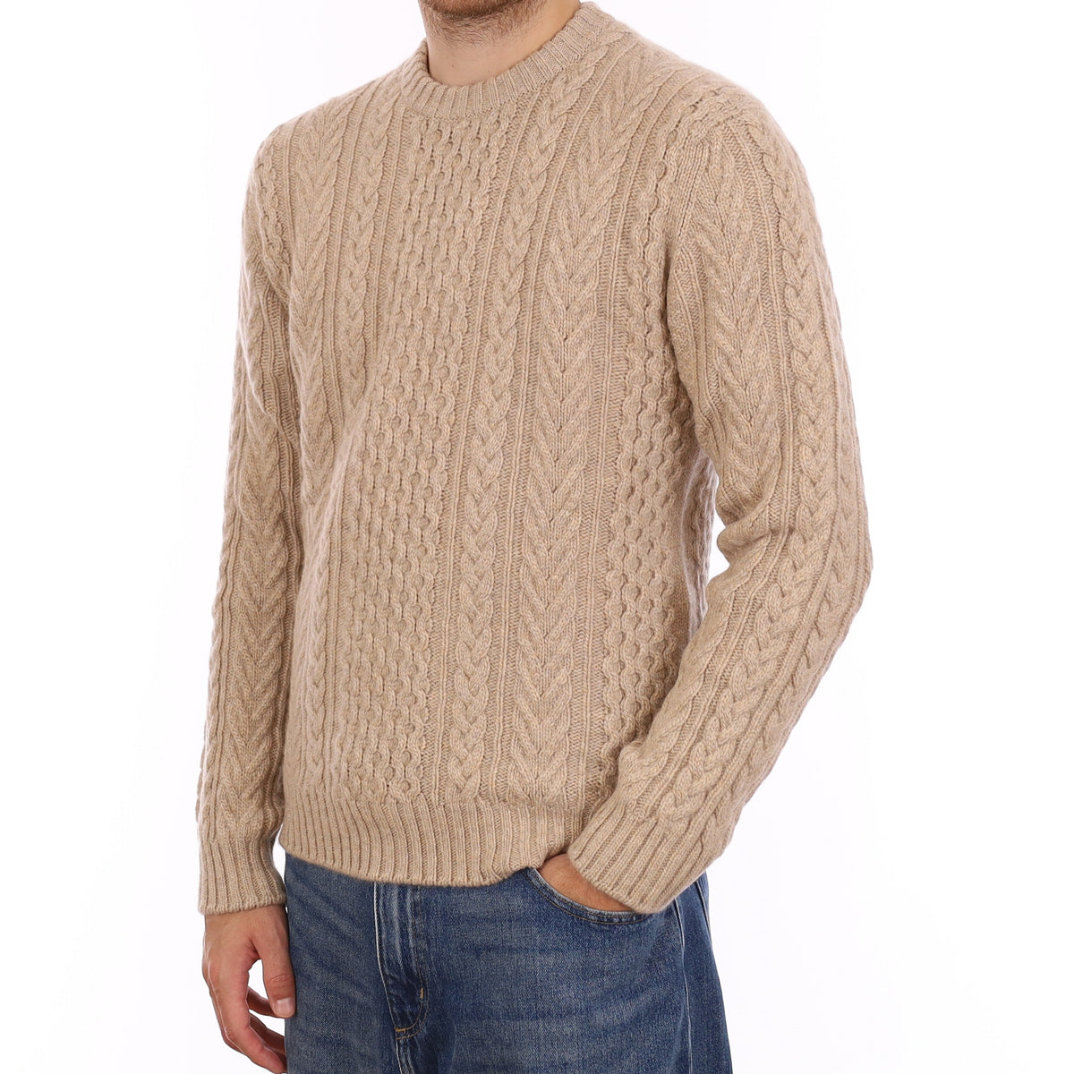 Men's Brand New Scottish Biscuit Chunky Cable Cashmere Crew Neck Jumper Large