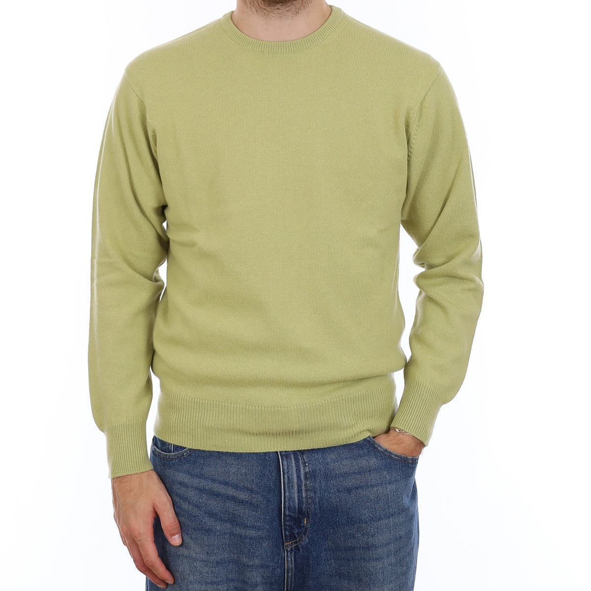 Men's Brand New Scottish Pistachio Green Cashmere Crew Neck Jumper Medium