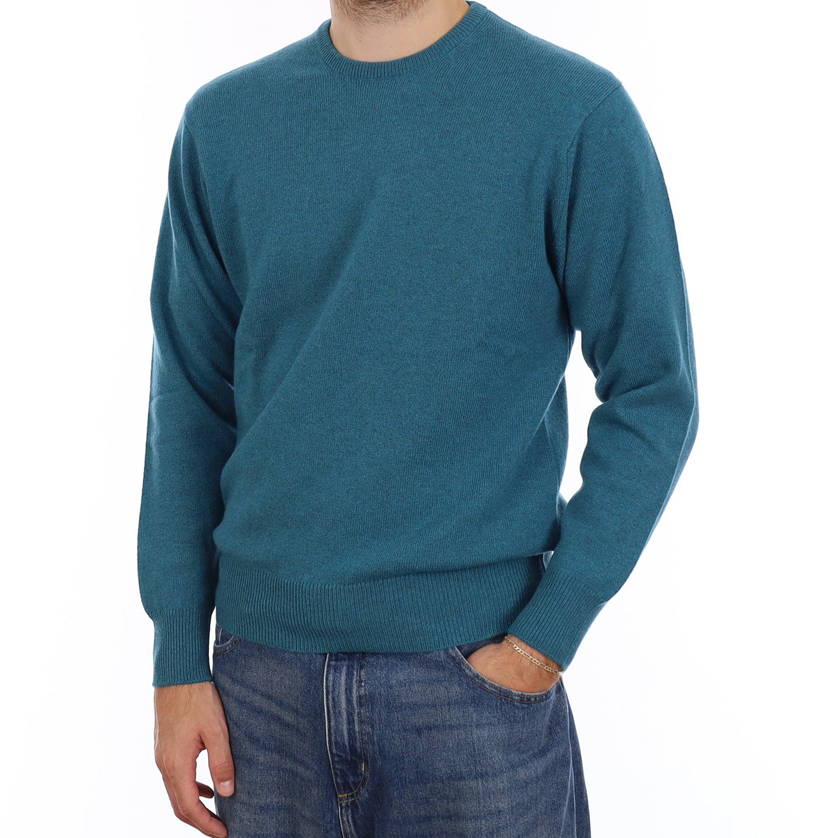 Men's Brand New Scottish Lagoon Blue Cashmere Crew Neck Jumper Large