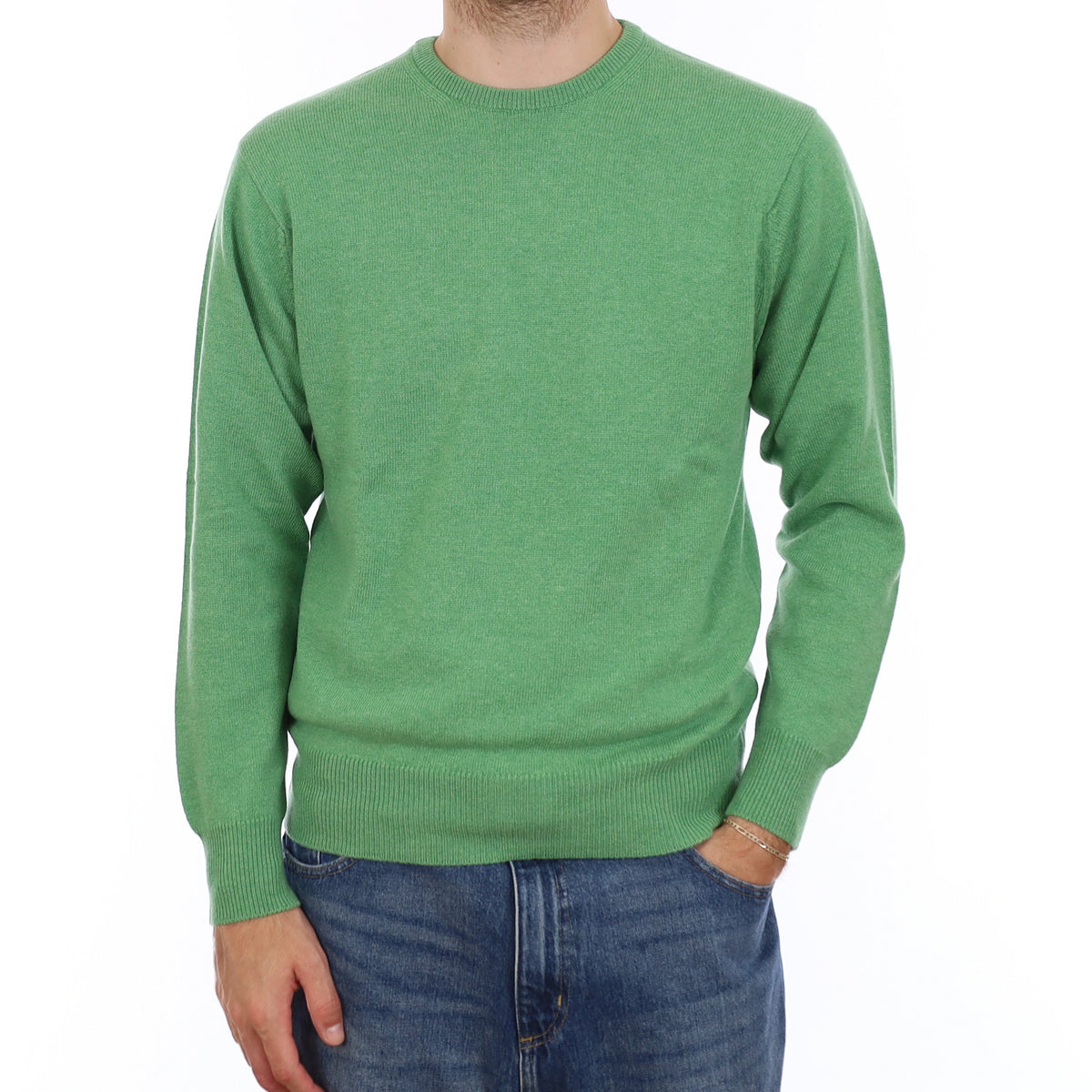 Men's Brand New Scottish Apple Green Cashmere Crew Neck Jumper Large