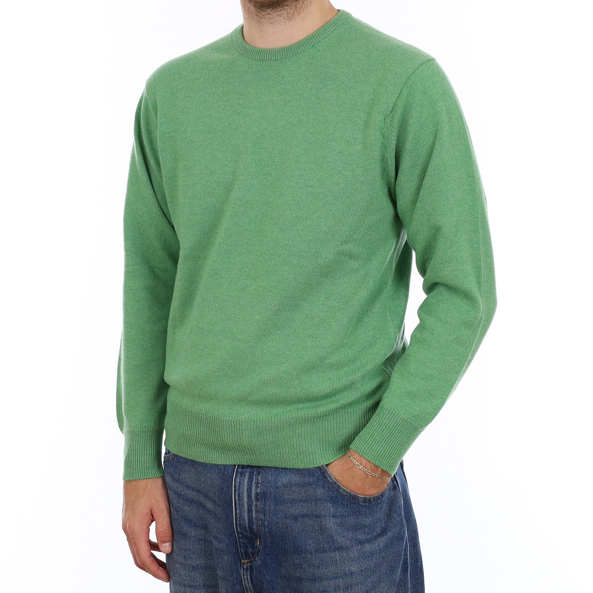 Men's Brand New Scottish Apple Green Cashmere Crew Neck Jumper Large