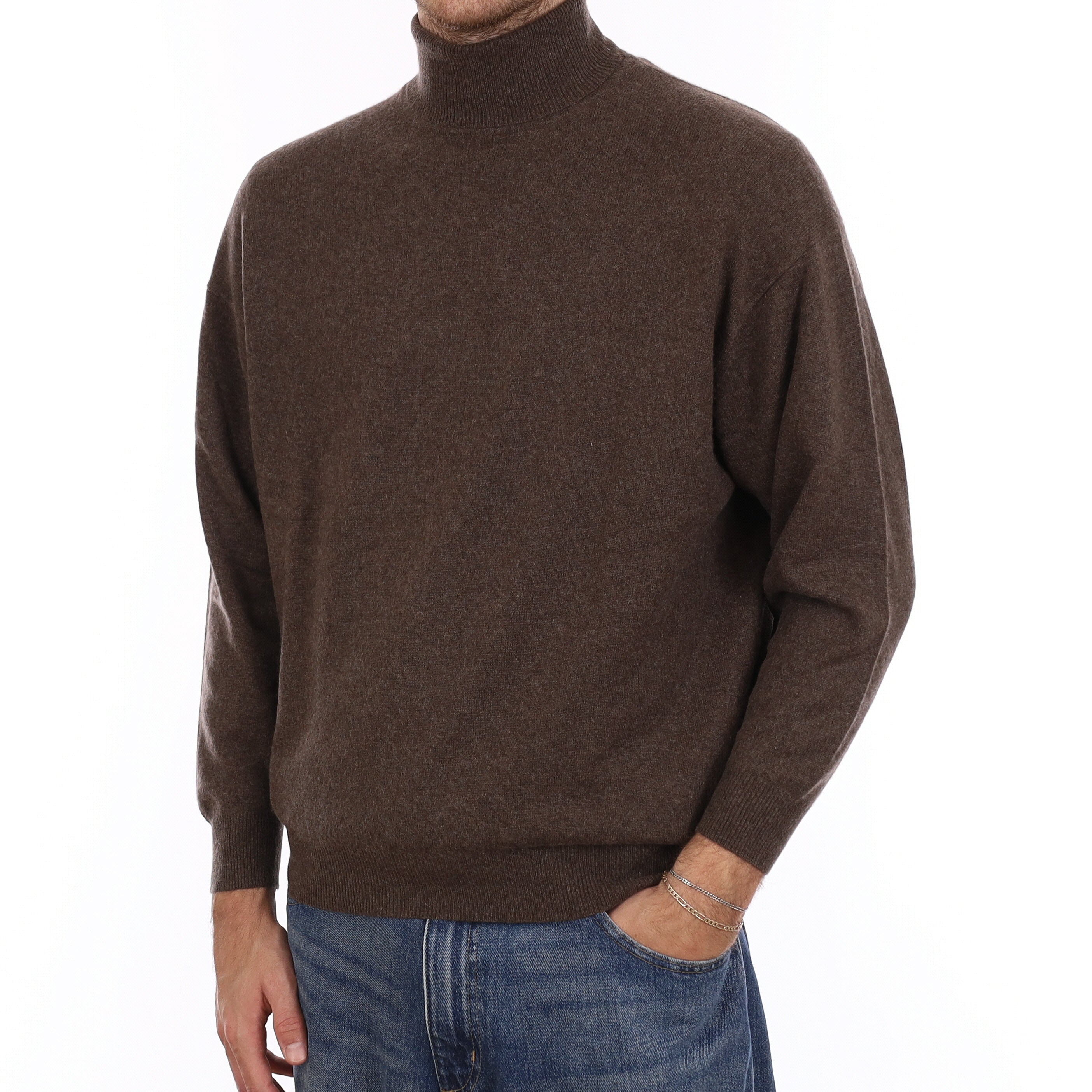 Men's Mole Brown Cashmere Polo Neck Jumper Large