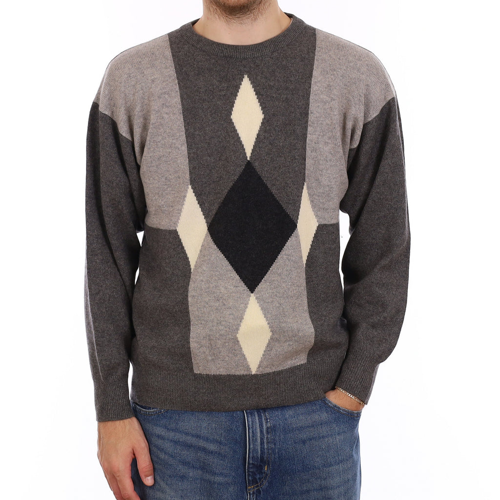 Men's Scottish Grey Diamond Heavy Knit Cashmere Crew Neck Jumper Large