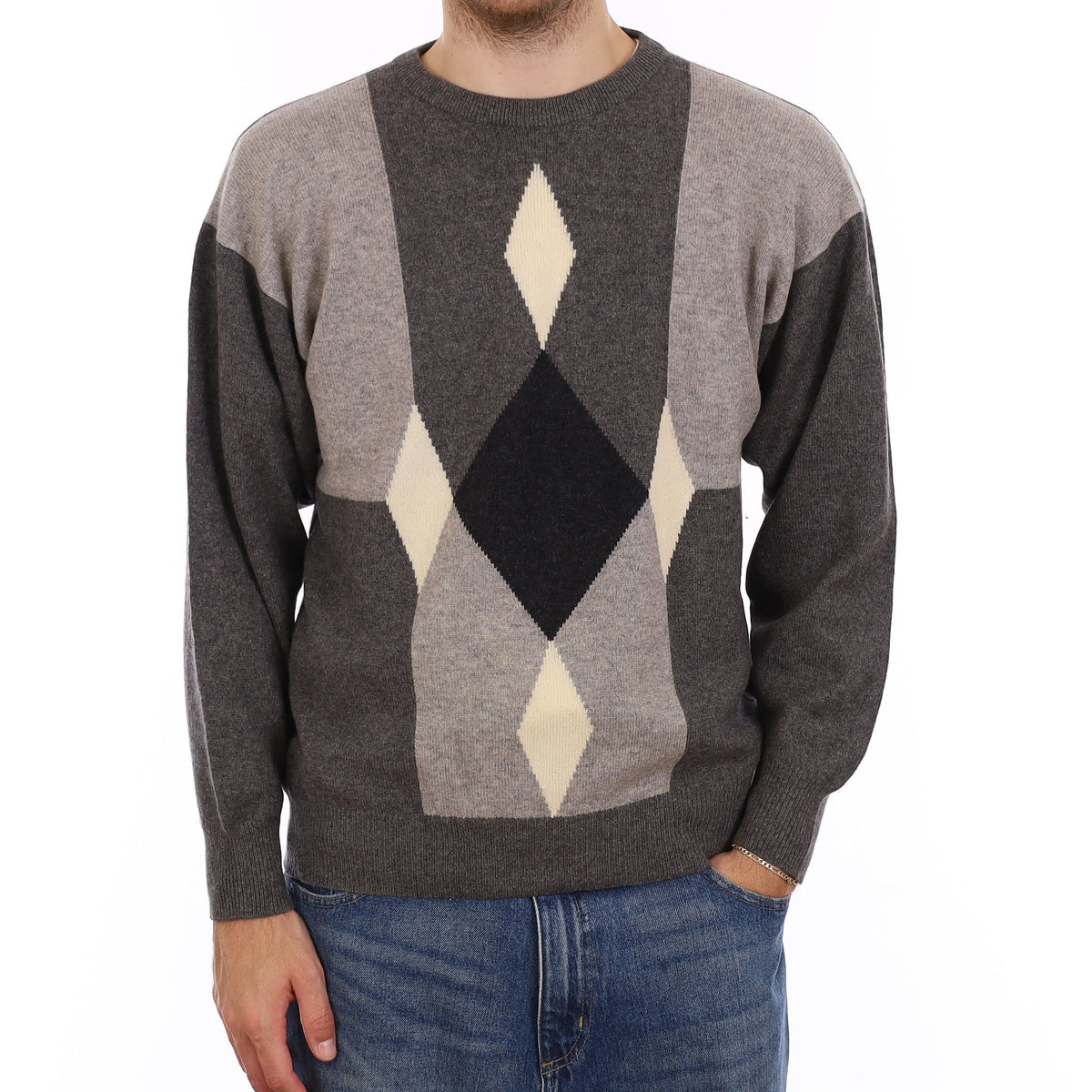 Men's Scottish Grey Diamond Heavy Knit Cashmere Crew Neck Jumper Large
