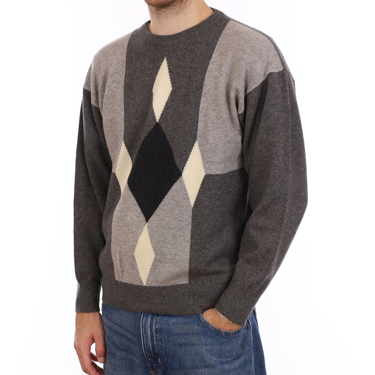 Men's Scottish Grey Diamond Heavy Knit Cashmere Crew Neck Jumper Large