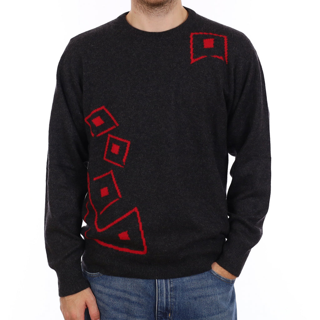 Men's Scottish Grey & Red Heavy Knit Cashmere Crew Neck Jumper Large