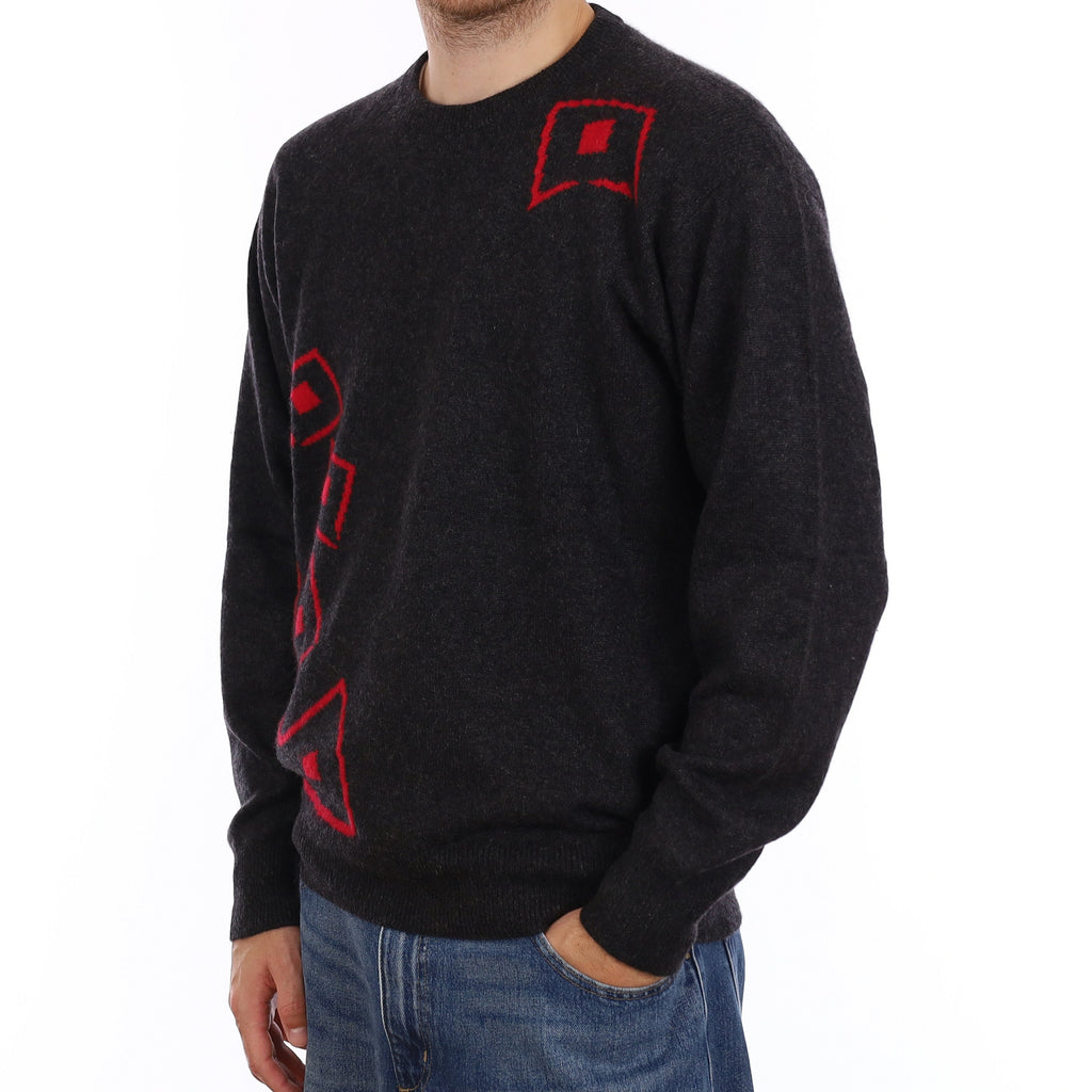 Men's Scottish Grey & Red Heavy Knit Cashmere Crew Neck Jumper Large