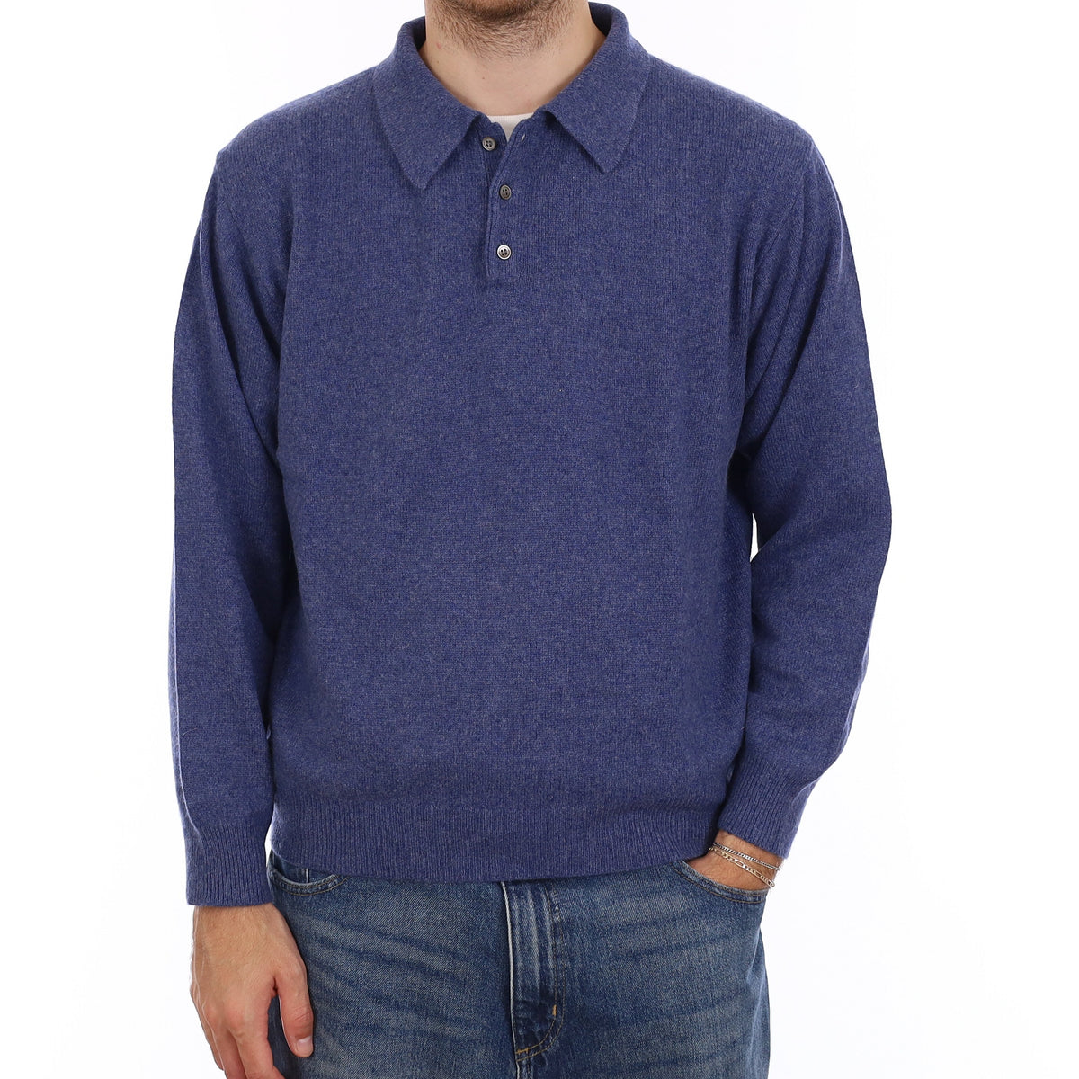 Men's Air Force Blue Cashmere Collared Quarter Button Jumper Large