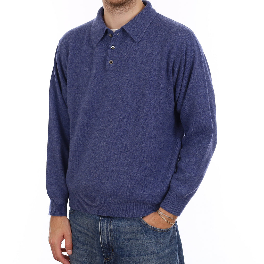 Men's Air Force Blue Cashmere Collared Quarter Button Jumper Large