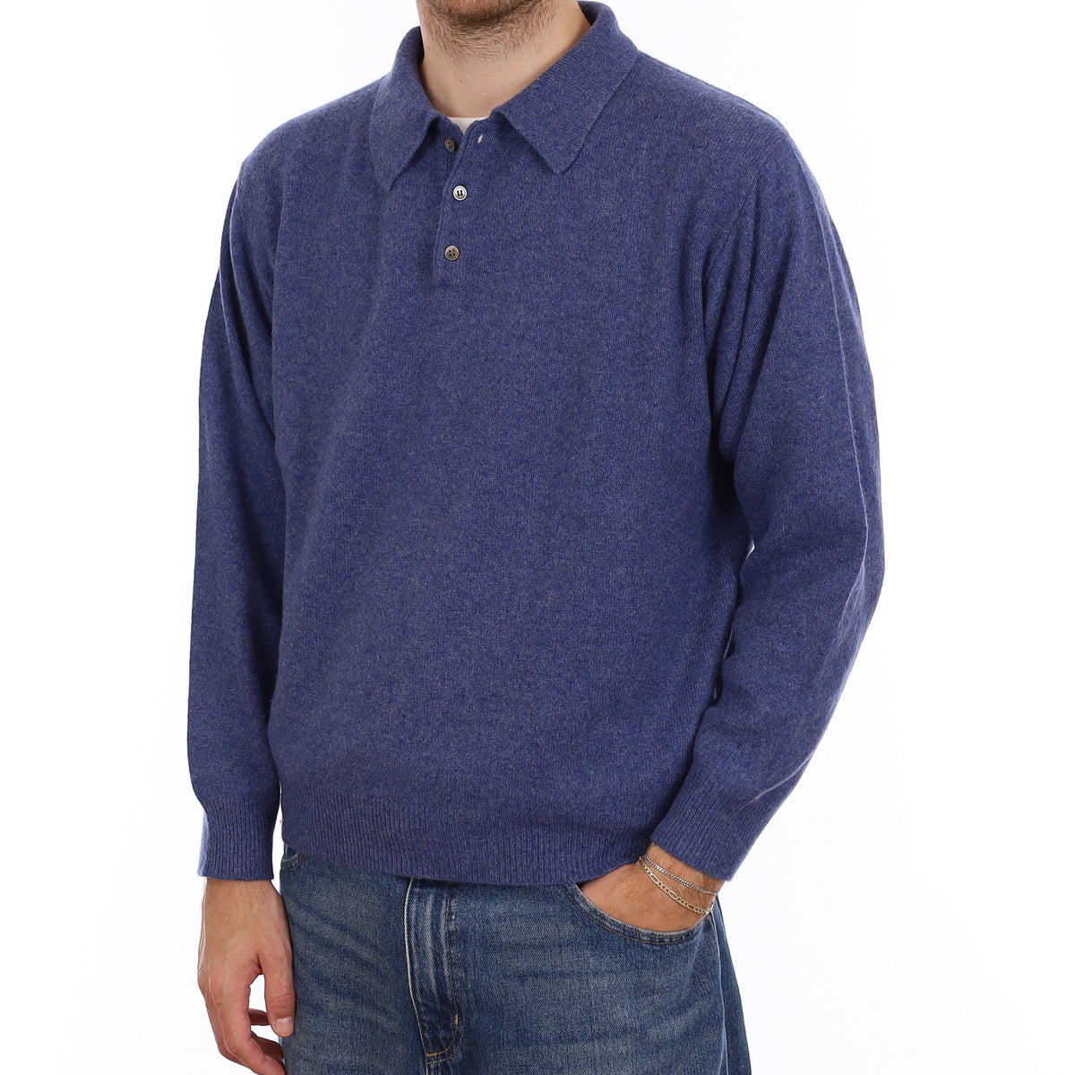 Men's Air Force Blue Cashmere Collared Quarter Button Jumper Large