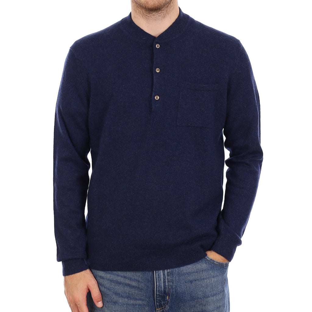 Men's French Navy Cashmere Buttoned Crew Neck Jumper Large