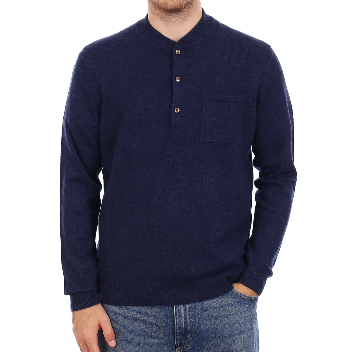 Men's French Navy Cashmere Buttoned Crew Neck Jumper Large