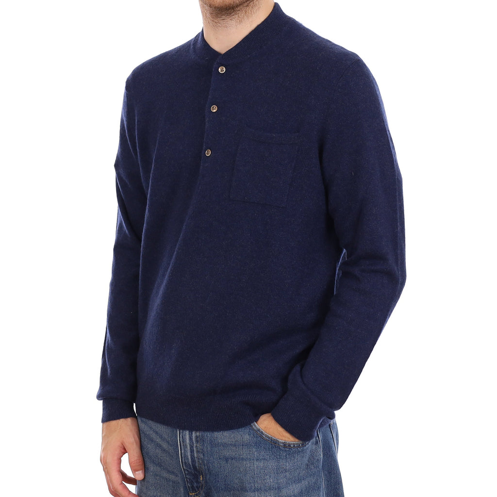 Men's French Navy Cashmere Buttoned Crew Neck Jumper Large