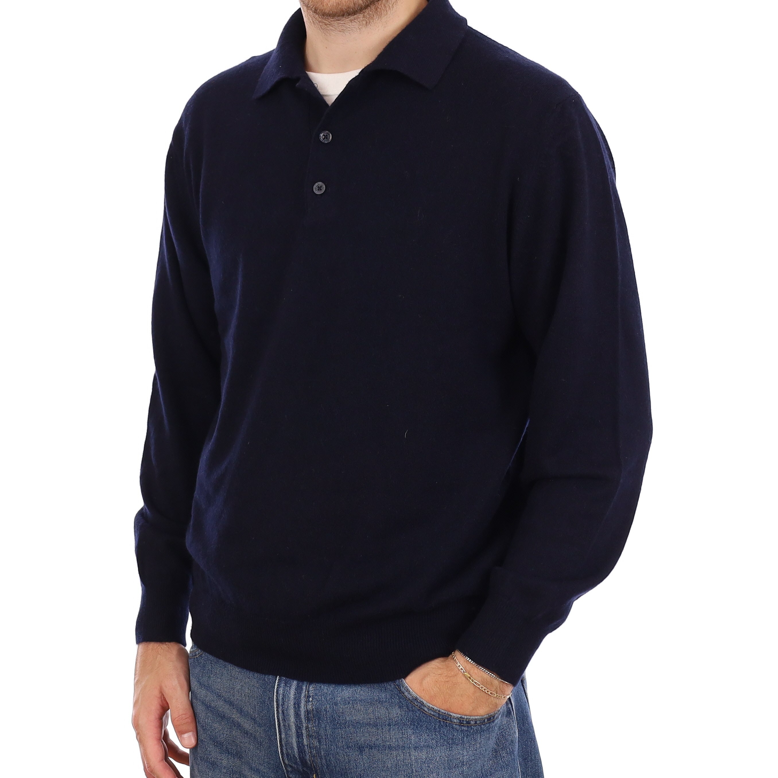 Men's Navy Cashmere Collared Quarter Button Jumper Large